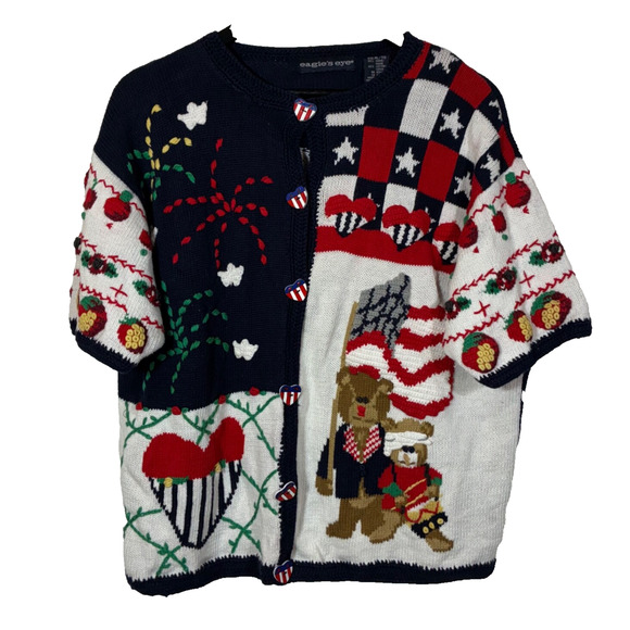 Cardigan Sweater Patriotic Red White & Blue 4th July Vintage Eagle's Eye Size XL - Picture 9 of 12